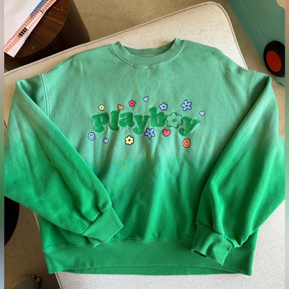 PLAYBOY Green Ombre Logo Sweatshirt with Colorful Flower Accents
